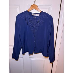Vintage Christine Gerard Navy Embroidered Blouse Women's Size 14